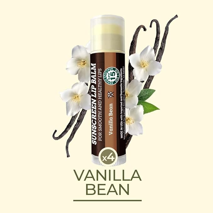 SPF Lip Balm 4-Pack by Earth's Daughter - Lip Sunscreen, SPF 15, Organic Ingredients, Vanilla Flavor, Beeswax, Coconut Oil, Vitamin E - Hypoallergenic, Paraben Free, Gluten Free-VivaGrace Women