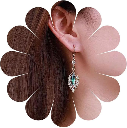 Vintage Crystal Emerald Leaf Dangle Earrings Green Rhinestone Leaf Drop Earrings Green Cz Leaf Earrings Crystal Leaf Hoop Earrings Jewelry for Women-VivaGrace Women