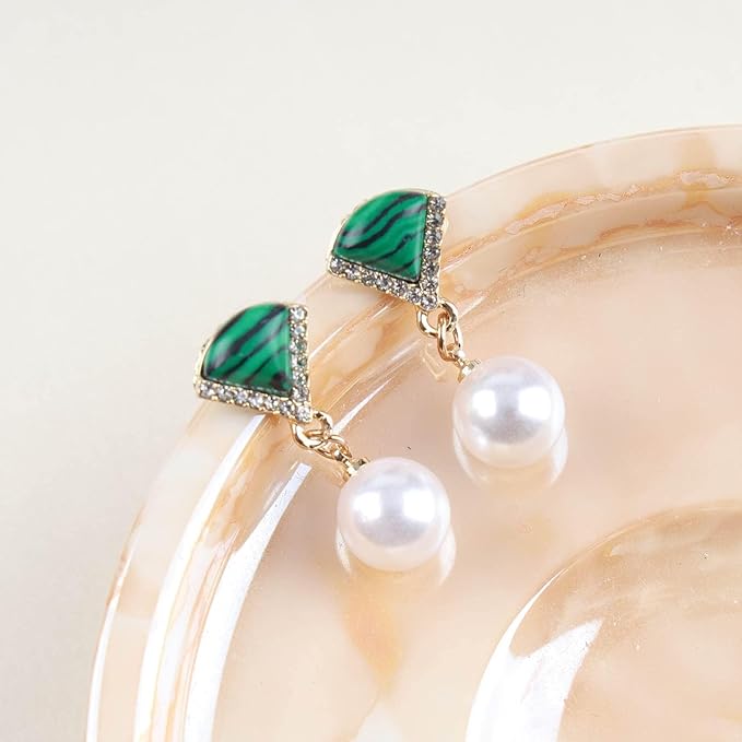 Vintage Cz Emerald Pearl Earrings Gold Pearl Drop Earrings Triangle Emerald Earrings Geometric Emerald Stud Earrings Jewelry for Women and Girls-VivaGrace Women