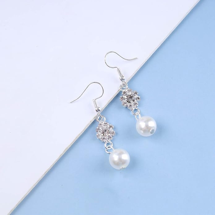 Vintage Rhinestone Pearl Drop Earrings Crystal Flower Dangle Earrings Silver Pearl Earring Cz Flower Hook Earrings Jewelry for Women-VivaGrace Women