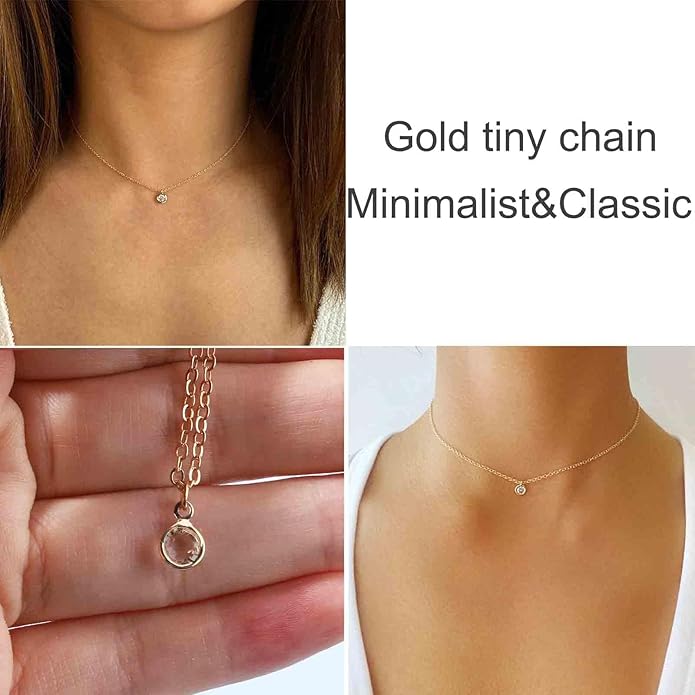 Boho Tiny Crystal Choker Gold Clear Quartz Pendant Necklace Minimal Dot CZ Choker Necklace Simple Everyday Necklace Wedding Necklace Jewelry for Women and Girls Gifts-VivaGrace Women