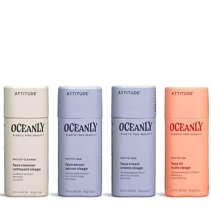 ATTITUDE Oceanly Aging Skin Daily Facial Care Routine Box Set, EWG Verified, Plastic-free, Plant and Mineral-Based Ingredients, Vegan and Cruelty-free, PHYTO AGE, Set of 4 Travel Size Bars-VivaGrace Women