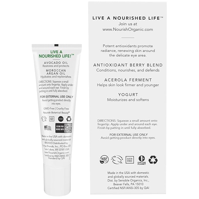 Nourish Organic Eye Treatment, Avocado & Argan – Renewing & Hydrating Under Eye Brightener with Vitamin C + Washable Cotton Round-VivaGrace Women