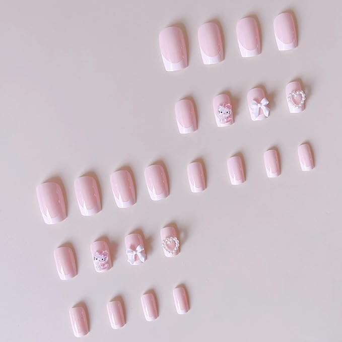French Tip Press on Nails Short Cute Pink Nail Art Cartoon with Pearl Heart Bow Design, White French Nails Press ons False Nails Fashion Fingernails 24pcs
