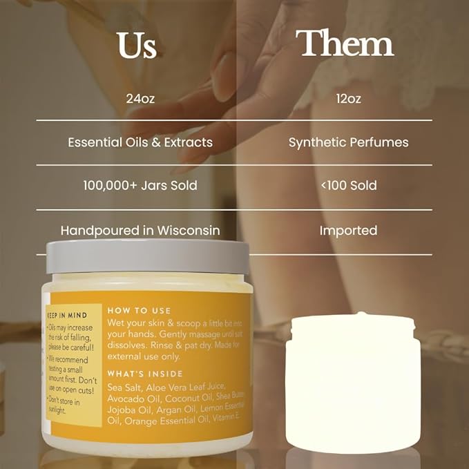 Bare Botanics Lemon Orange Body Scrub 24oz | Made in Madison, WI | All Natural Sea Salt Exfoliator w/ Skin Loving Moisturizers | Vegan & Cruelty Free | Gift Ready Packaging w/ a Cute Wooden Spoon-VivaGrace Women