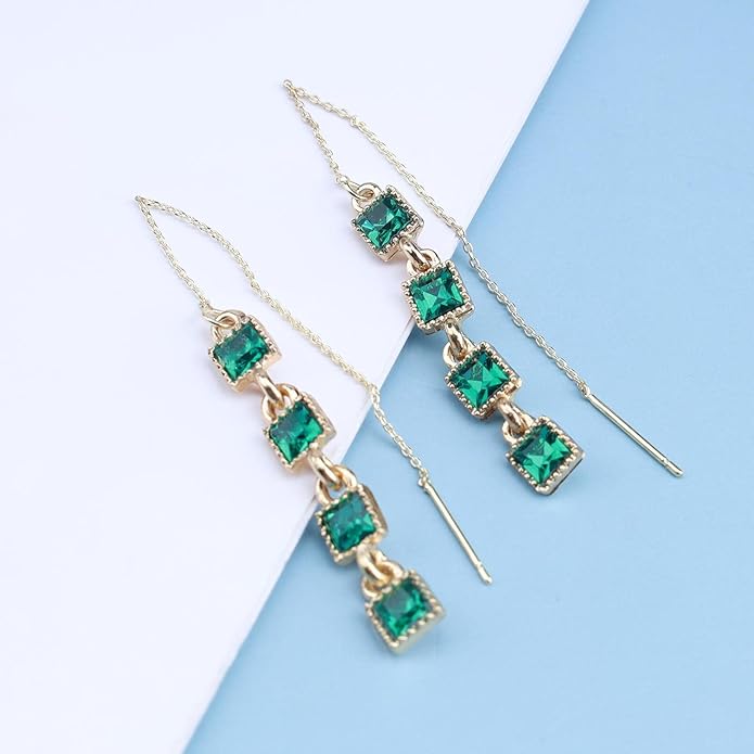 Vintage Crystal Emerald Threader Earrings Emerald Square Stud Earrings Long Chain Tassel Dangle Earrings Gold Bar Pull Through Earrings Jewelry for Women-VivaGrace Women