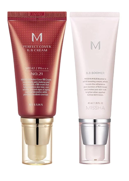 MISSHA M PERFECT COVER BB CREAM No.21 Light Beige for Bright Skin/SPF 42 PA+++ 1.69 oz & M BB Boomer 40ml -Lightweight, Multi-Function, High Coverage-VivaGrace Women