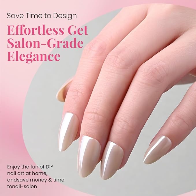 Aurora Chrome Beige Press On Nails Short Almond 30 Pcs, Designer Reusable Acrylic Fake Nails with Glue, Glossy Soft Gel Nails Wedding and Party, Stick On Glue On Nails, Nails fro Women Gift