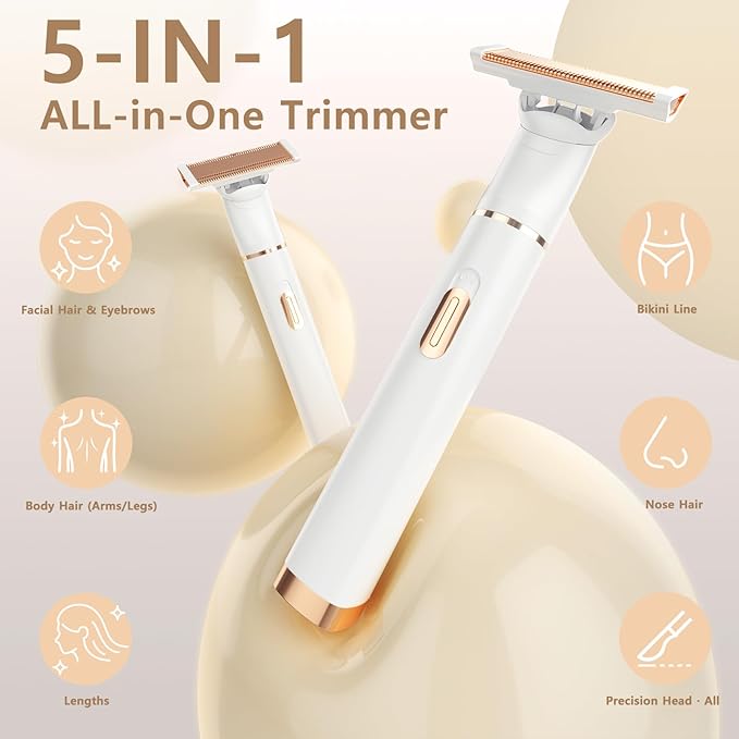 Women's 5-in-1 Electric Bikini Trimmer, USB-C Rechargeable Shaver & Trimmer for Body, Face & Nose – Painless Wet & Dry Shave (Keep Device Dry; Remove Blades for Cleaning)-VivaGrace Women