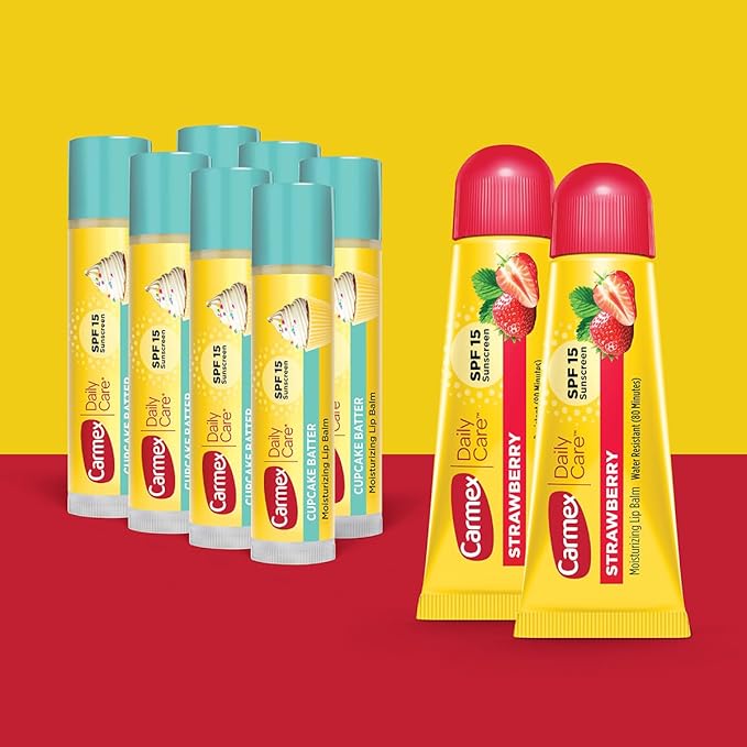 Carmex Daily Care Moisturizing Lip Balm Pack, SPF 15, Strawberry & Cupcake Batter Flavor Variety Pack Bag, 9 Count (7 Sticks, 2 Tubes)-VivaGrace Women