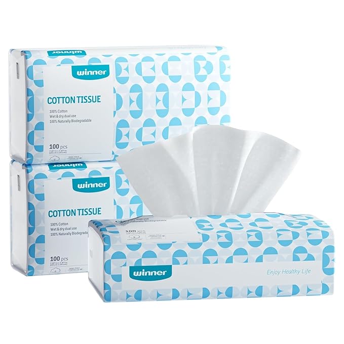 Winner Softer Face Towels - 100% USA Cotton Dry Wipes, 300 Count Unscented Cotton Tissues for Sensitive Skin, OEKO-TEX Certified Face Towelettes Disposable, Makeup Remover Facial Towels, 3 Pack-VivaGrace Women