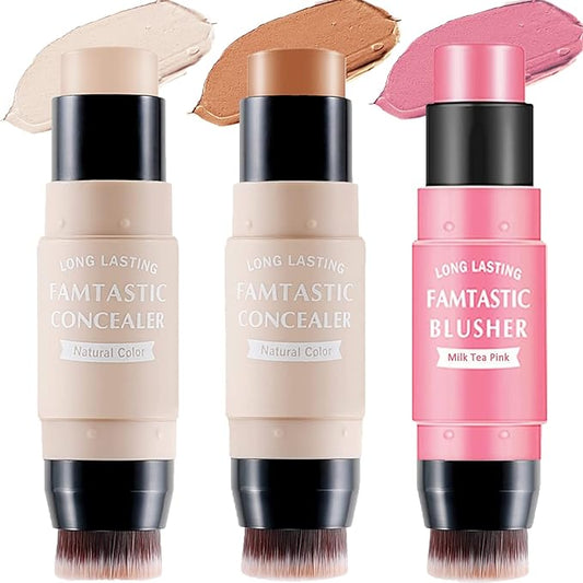 3 Pcs Contour Highlighter Blush Sticks with Brush, Shades with Highlighter & Bronzer Pen & Cream Blush, Waterproof, Longwear Makeup-VivaGrace Women