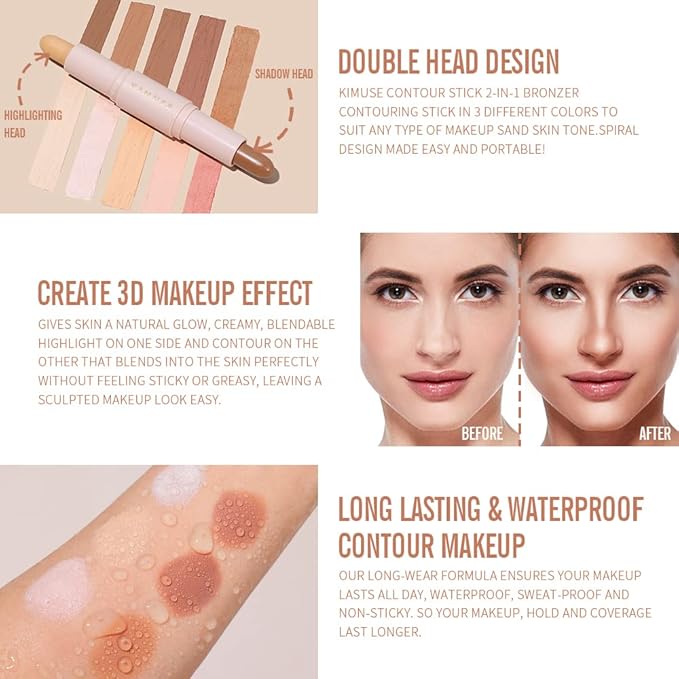 KIMUSE 2Color Dual Cream Contour Stick, Multi Blush & Contour Bronzer Stick, Long Lasting & Waterproof Contour Sticks Kit for Light Skin Face Makeup-VivaGrace Women