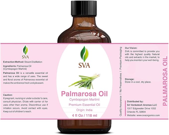 SVA Palmarosa Essential Oil – 4 Fl Oz – 100% Natural Palmarosa Oil - for Diffuser, Hair Care, Face, Skin Care, Aromatherapy, Scalp and Body Massage, Soap and Candle Making – with Dropper-VivaGrace Women