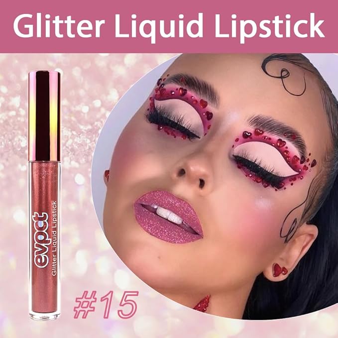 evpct 1Pcs Plum Red Glitter Metallic Shimmer Diamond Lipstick Lip Gloss Stain Set for Women Long Lasting Waterproof, Mauve Red Sparkle Glitter Matte long Wear Liquid Lipstick Lip Makeup Kit, 15#-VivaGrace Women