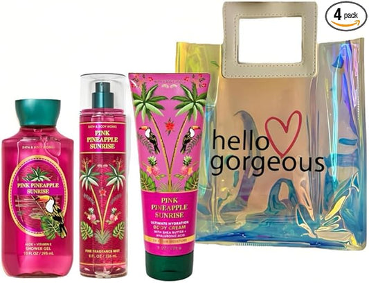 Bath & Body Works - 3 Piece Bundle - Spray - Body Cream - Shower Gel - Full Size and Gift Bag HELLO GORGEOUS (Pink Pineapple Sunrise)-VivaGrace Women