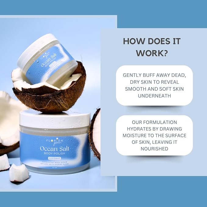 Sea Salt Body Scrub by Florida Suncare - Ocean Salt Body Polish Infused with Marine Algae - Exfoliating Face and Body Scrub - Facial Scrub Exfoliator to Tackle Acne (Coconut, 3.3 oz)-VivaGrace Women