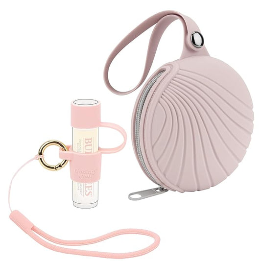 Desing Wish Silicone Lip Balm Holder with Silicone Zipper Pouch, Portable Lip Balm Keychain Sleeve - Silicone Storage Bag for Lip Balms/Small Cosmetics/Earphones/Keys - Pink-VivaGrace Women