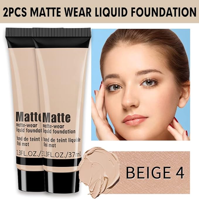 2 Pack Liquid Foundation Cream for Face Makeup,Durable Full Coverage Matte Concealer Make Up,Oil Control & Waterproof Base Primer -1+1 Fl.Oz-BEIGE 4#-VivaGrace Women