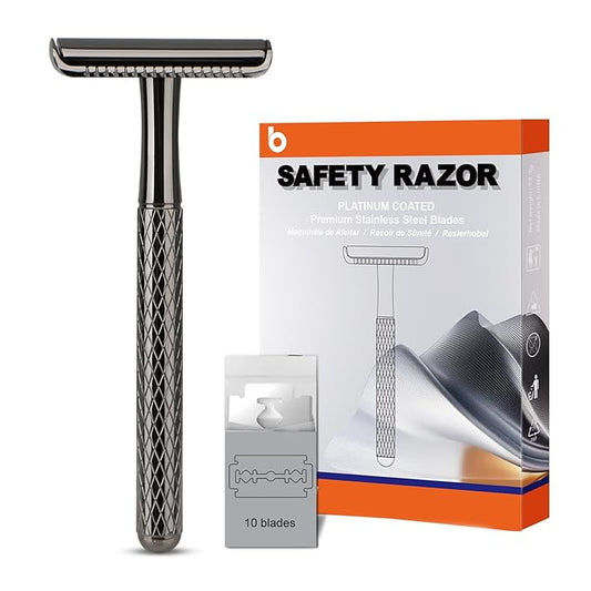 Shiny Gun Black Double Edge Safety Razor, Single Blade Razors for Men and Women, with 10 Stainless Steel Safety Razor Blades, Reusable, Smooth and Close Wet Shaving Kit, Plastic Free-VivaGrace Women