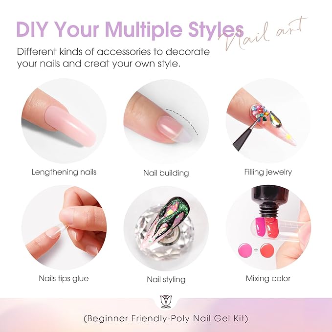 ROSALIND 38PCS Poly Nail Gel Kit with Mini Nail Lamp Glitter Brown Poly Extension Gels Kit Nude Pink Poly Gels Set-VivaGrace Women