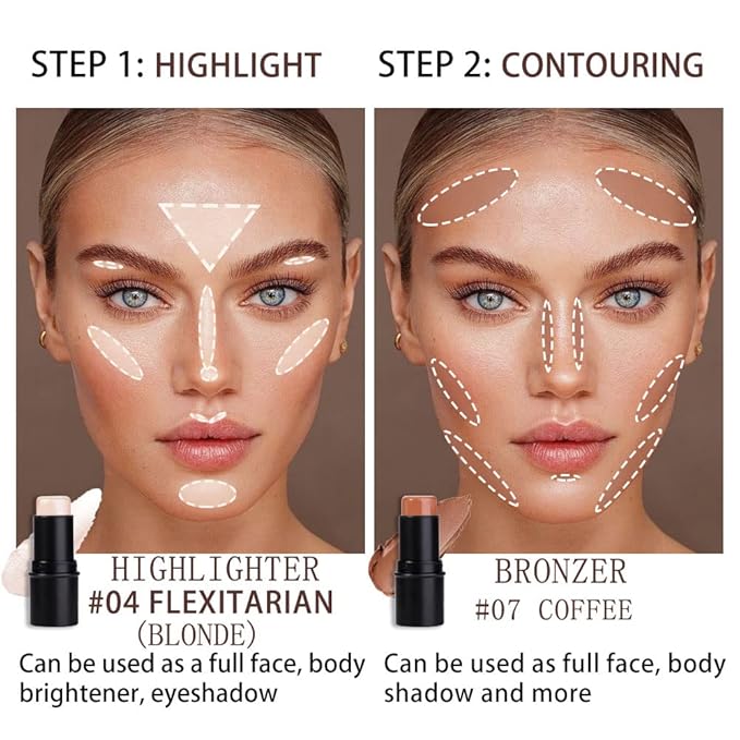 evpct 2Pcs Face Cream Contour Bronzer Sticks Makeup Highlighter Highlight Brown Creme Cheek Contour Sticks contorno en crema Bronzing Foundation Stick Kit Shadow Shading Face Contour Highly Piamented-VivaGrace Women