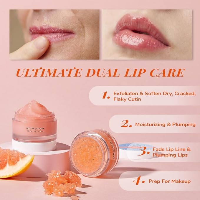 ANAIRUI Lip Mask Set, Lip Exfoliator Scrub & Moisturizer,Grapefruit Lip Care Kits With Lip Sleeping Mask & Sugar Lip Scrub, Lip Overnight Plumper Set for Dry, Chapped Lips-VivaGrace Women