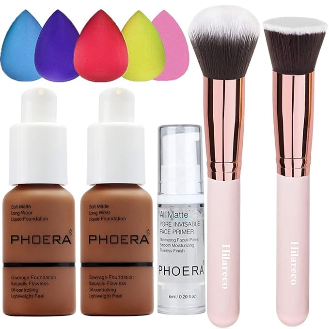 PHOERA Foundation Makeup for Wome Full Coverage Foundation Set,Face Primer Foundation Brush Powder Brush,5 Makeup Sponge,30ml PHOERA 24HR Matte Oil Control Concealer (110-Truffle)-VivaGrace Women