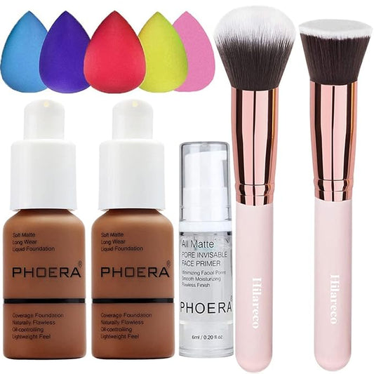 PHOERA Foundation Makeup for Wome Full Coverage Foundation Set,Face Primer Foundation Brush Powder Brush,5 Makeup Sponge,30ml PHOERA 24HR Matte Oil Control Concealer (110-Truffle)-VivaGrace Women