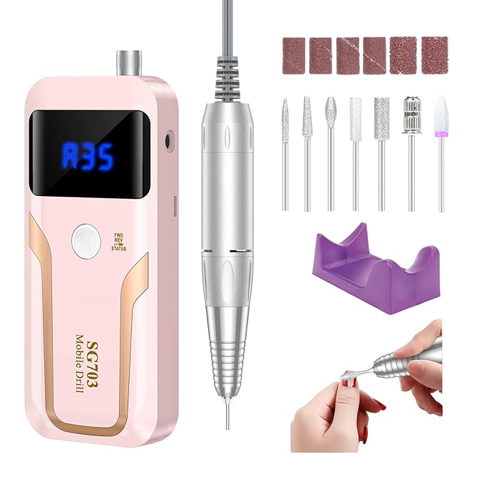 Portable Nail Drill Professional 35000 RPM, MOCOWIND Rechargeable Electric Nail File Machine E File for Acrylic Gel Polishing Removing, Cordless E-File with Bits Kit for Manicure Salon Home,Pink-VivaGrace Women