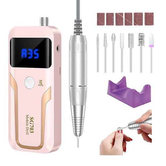 Portable Nail Drill Professional 35000 RPM, MOCOWIND Rechargeable Electric Nail File Machine E File for Acrylic Gel Polishing Removing, Cordless E-File with Bits Kit for Manicure Salon Home,Pink-VivaGrace Women