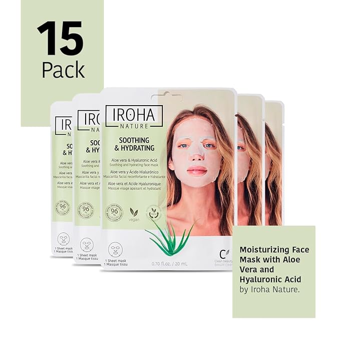 IROHA NATURE Comforting & Hydrating Tissue Face Mask with Aloe Vera | 15 Pieces | Aftersun Effect | 96% Natural Ingredients-VivaGrace Women