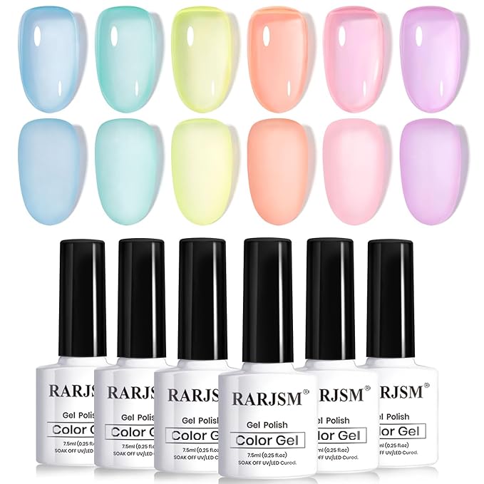 RARJSM Pastel Stained Glass Gel Nail Polish Set 6pcs Clear Orange Yellow Blue Pink Purple Crytal Transparent Jelly Series Sheer Amber Gel Varnish LED UV Curing Requires Spring Easter French Manicure-VivaGrace Women