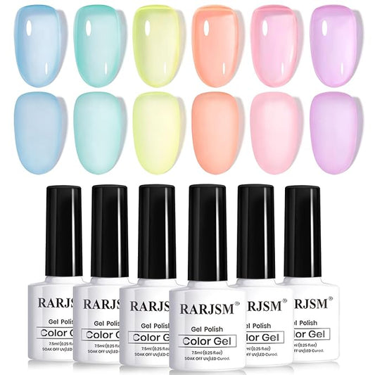 RARJSM Pastel Stained Glass Gel Nail Polish Set 6pcs Clear Orange Yellow Blue Pink Purple Crytal Transparent Jelly Series Sheer Amber Gel Varnish LED UV Curing Requires Spring Easter French Manicure-VivaGrace Women