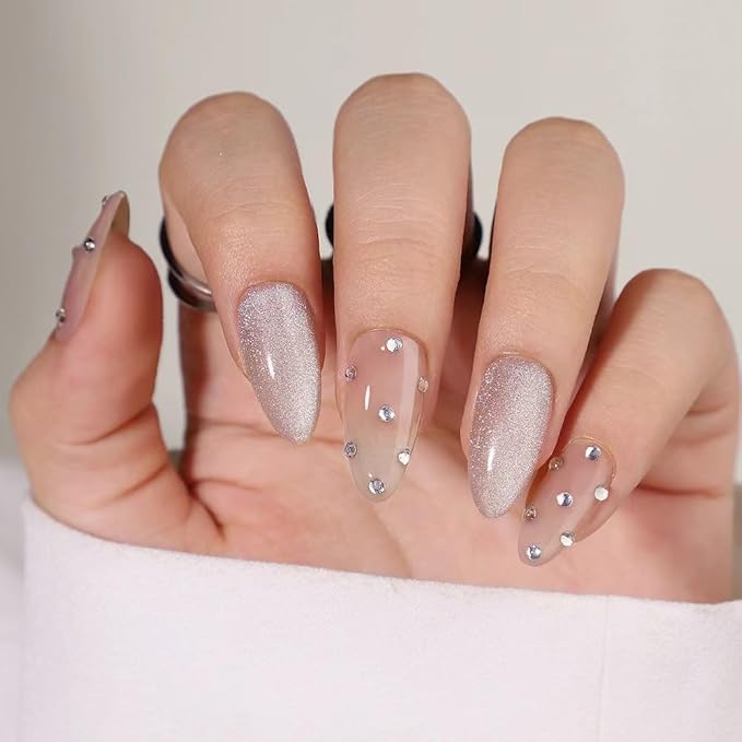 Glitter Press on Nails Medium Almond Fake Nails Nude False Nails with Design Rhinestone Glue on Nails Reusable Artificial Acrylic Glossy Full Cover Shiny Stick on Nails for Women Manicure 24pcs