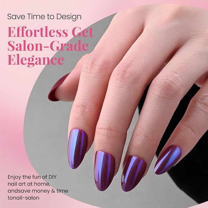 Aurora Chrome Purple Press On Nails Short Almond 30 Pcs, Designer Reusable Acrylic Fake Nails with Glue, Glossy Soft Gel Nails Wedding and Party, Stick On Glue On Nails, Nails fro Women Gift