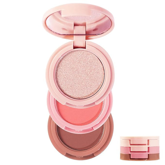3-in-1 Blendable Trio, Contour and Highlight Blush Makeup Palette, Cream Bronzer, Silky Smooth Powder Blush, Shimmer Highlighter Makeup Powder, Pink Brown Eyeshadow Palette with Mirror(03)-VivaGrace Women