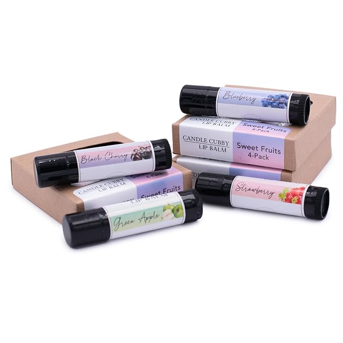 Lip Balm Sweet Fruits 4-Pack, Strawberry Blueberry Black Cherry Green Apple, Natural Beeswax, Moisturizing Lip Treatment, 4 Tubes, 0.15 oz., White-VivaGrace Women