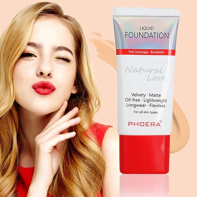 AQUAPURITY PHOERA Full Coverage Foundation New Formula Waterproof Long Lasting Oil Free Velvet Matte Liquid Foundation for Oily Skin Flawless Makeup Base Cream Concealer (104A Natural Beige)-VivaGrace Women