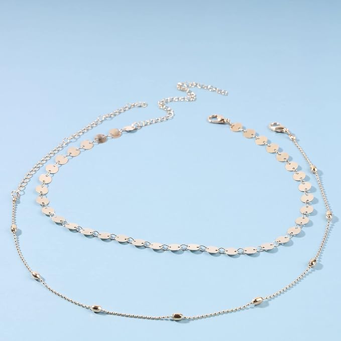 Boho Layered Satellite Disc Choker Necklace Gold Sequin Disc Chain Necklace Vintage Double Layer Necklace Short Collarbone Necklace Chain Jewelry for Women and Girls Gift-VivaGrace Women