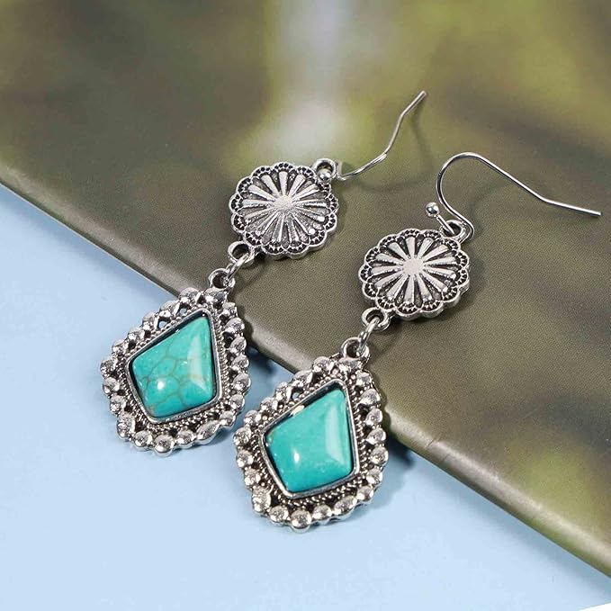Boho Oval Turquoise Earrings Silver Circle Dangle Drop Earrings Vintage Flower Earrings Tribal Earrings Jewelry for Women and Girls-VivaGrace Women