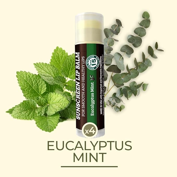 SPF Lip Balm 4-Pack by Earth's Daughter - Lip Sunscreen, SPF 15, Organic Ingredients, Eucalyptus Mint Flavor, Beeswax, Coconut Oil, Vitamin E - Hypoallergenic, Paraben Free, Gluten Free-VivaGrace Women