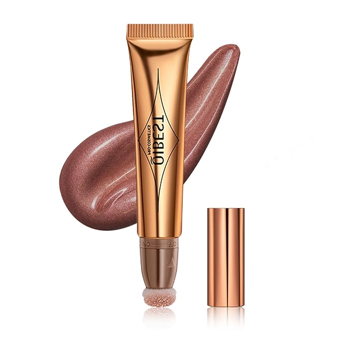Highlighter Beauty Wand, Cream Liquid Highlighter Makeup Stick, Silky Smooth Face Shimmer Bronzer Stick with Cushion Applicator, Lightweight Body Face Glowing Highlighter, Cruelty-free（Rose Gold）-VivaGrace Women