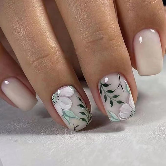 24 Pcs Short Square Flower nails Press on Nails Pure White False Nails with Floral and Leaves Design Acrylic Nails Glossy floral Reusable Fake Nails Fully Cover Stick on Nails for Women and Girls