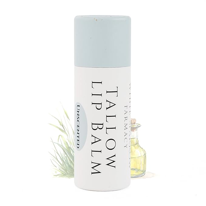 Organic Tallow Lip Balm (Unscented) from Grass Fed Cows. Super hydrating with Tallow, Olive Oil, Honey, and Beeswax. Sustainable Cardboard Tubes & Hand Filled. Jumbo Size 0.5 oz.-VivaGrace Women