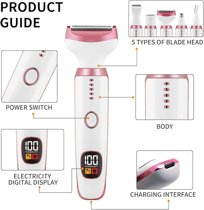Electric Razors for Women, Bikini Trimmer for Women 5 in 1 Body Shaver for Nose Hair Face Eyebrow Arms Legs Armpit Underarm Pubic Area, Replaceable Lady Facial Razor Painless USB Charge Female Gift-VivaGrace Women