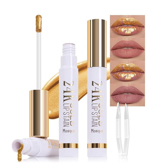 2Pcs 2025 New 24K Gold Liquid Lip Gloss Peel Off Lip Stain Tattoo with Tweezer, Lips Stain Peel Off Masque, Long Lasting Waterproof Lip Tint Stain, Transfer-proof for All Skin Types 03#+04#-VivaGrace Women