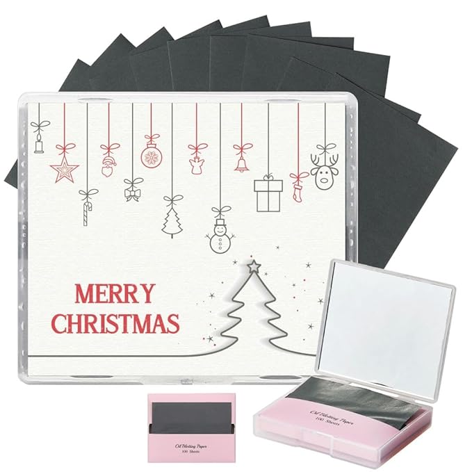 [200 Counts + Mirror Case] Christmas Edition Natural Bamboo Charcoal Oil Blotting Sheets for Face with Mirror Case-VivaGrace Women