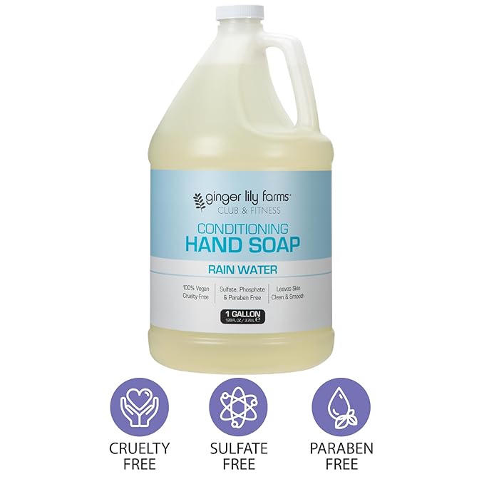 Ginger Lily Farms Club & Fitness Conditioning Liquid Hand Soap Refill, 100% Vegan & Cruelty-Free, Rain Water Scent, 1 Gallon (128 fl oz)