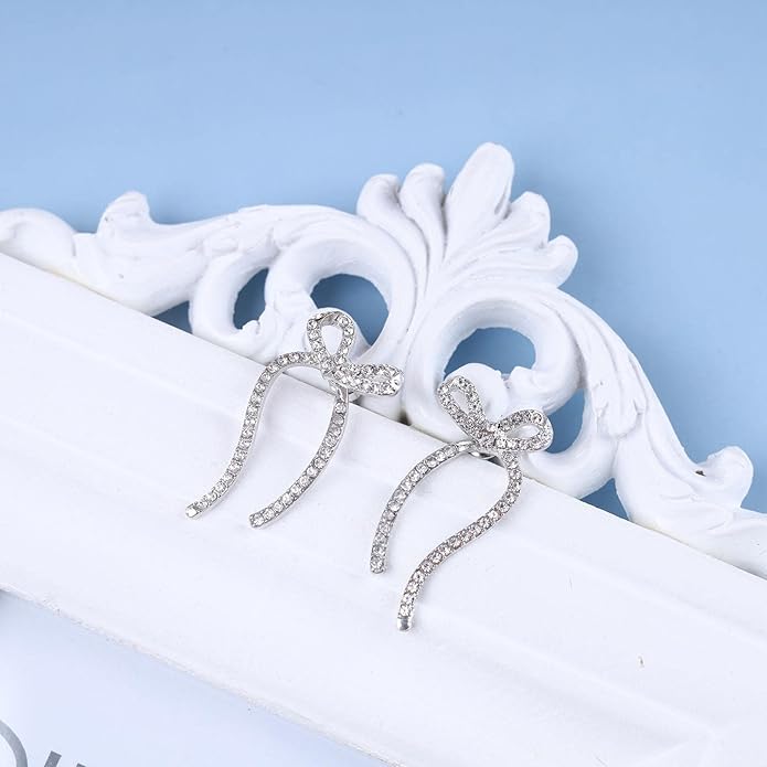 Vintage Crystal Bow Earrings Rhinestone Bow Drop Earrings Long Cz Rhinestone Earrings Gold Bow Cz Stud Earrings Jewelry for Women-VivaGrace Women